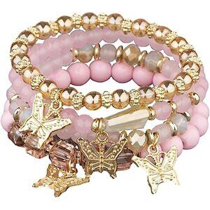 👑Women's Pink Set of 4 Bohemian Jewelry Cute Butterfly Charm Bracelets Set